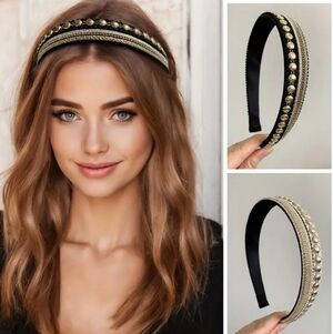2pc Set Headbands, Baroque, Ribbon Goldtone Metal, NEW